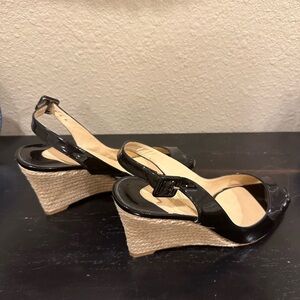 Christian Louboutin Wedge Sandals Open Toe Patent Leather Espadrille Black